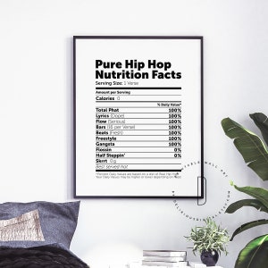 Puede incluir: Un p&oacute;ster imprimible en blanco y negro con una etiqueta de informaci&oacute;n nutricional para la m&uacute;sica hip hop. El p&oacute;ster tiene el t&iacute;tulo "Pure Hip Hop Nutrition Facts" y enumera varios elementos del hip hop como "Total Phat", "Lyrics", "Flow", "Bars", "Beats", "Freestyle", "Gangsta", "Flossin", "Half Steppin'" y "Skrrt" con un valor diario porcentual del 100% para cada elemento, excepto "Flossin" y "Half Steppin'" que tienen un valor diario porcentual del 0%.