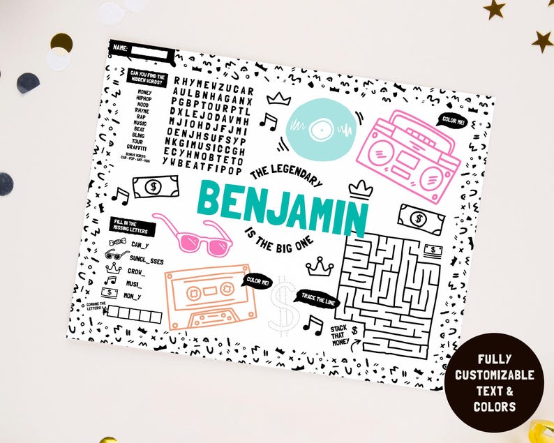 May include: A white activity placemat featuring black line art, including a word search, a maze, and fill-in-the-blank games. The design includes a teal name 'BENJAMIN', a pink boombox, pink sunglasses, an orange cassette tape, and money icons.