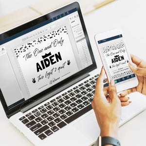May include: A laptop and a smartphone displaying a digital party sign design with black text and patterns on a white background. The text reads The One and Only AIDEN two legit 2 quit with crown, peace sign icons, and the word Welcome at the bottom.