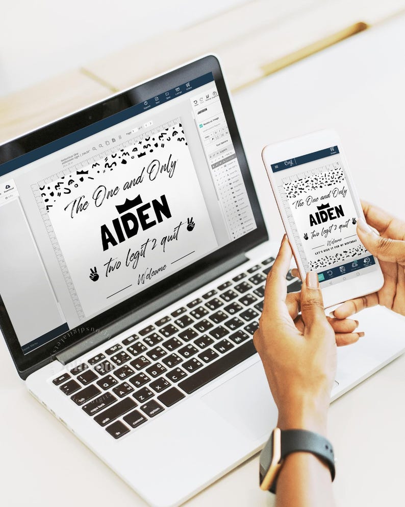 May include: A laptop and a smartphone displaying a digital party sign design with black text and patterns on a white background. The text reads The One and Only AIDEN two legit 2 quit with crown, peace sign icons, and the word Welcome at the bottom.
