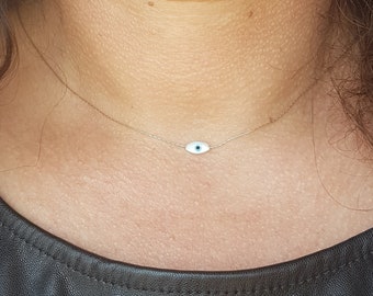 14K Gold Evil Eye Dainty Necklace, Mother Of Pearl, Simple, Chic Evil Eye, Good Luck Choker, Everyday Wear, Protection Necklace, Minimal