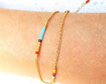 14K Two Chain Gold Minimalist Delicate Bracelet, Tiny Beads Gold Bracelet, Dainty Bracelet, Multicolor Boho Friendship Bracelet, Minimalist