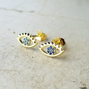 14K Gold Earrings, Evil Eye Earrings, AAA Quality Cubic Zirconia Earrings, Dainty Jewelry, Good Luck Jewelry, Minimalist, Everyday Wear