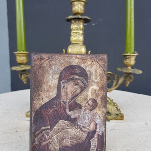 Handmade Icon Virgin Mary and Jesus Christ, 87 year old wood