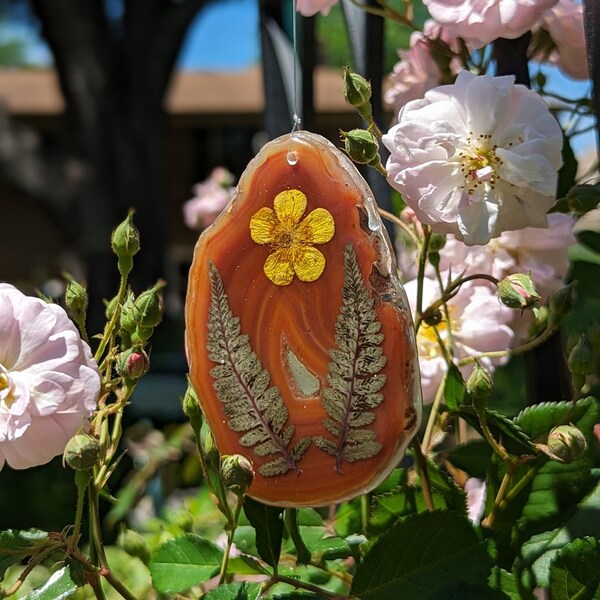Real flower Buttercup and fern botanical agate hanging crystal suncatcher