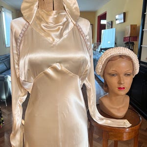 liquid satin 1930s wedding dress with matching headpiece