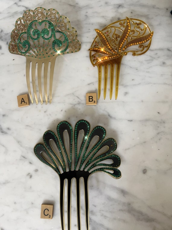 Art deco celluloid decorative hair combs with rhinestones