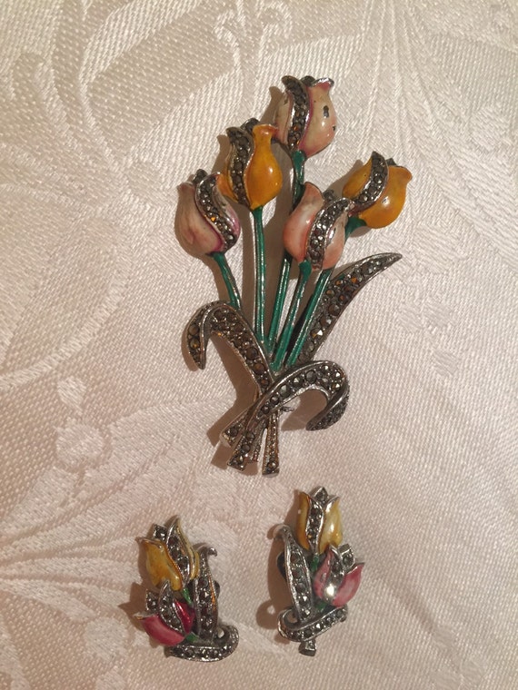 Parure Vintage Broche & Boucles D'oreilles - Argent & Marcassite - Ancienne Collection