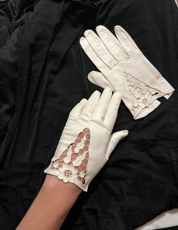 1960s embroidered cut out white lid leather gloves - image 1