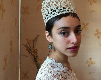 Handmade antique lace tiara crown headpiece bridal, races or evening.