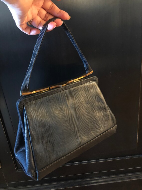 1940s black lizard skin Kelly style handbag