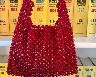 1970s blood red beaded handbag