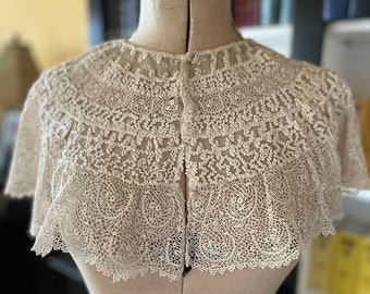 Antique Irish crochet, lace, and corneli on tulle cape/collar