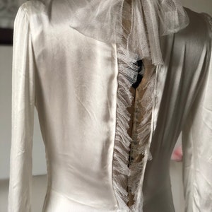 1930s liquid satin wedding dress with pleats and silk tulle ruffle trim