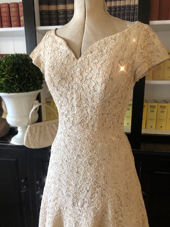 1950s Rhinestone Studded Cream Corded Lace Fit and Flare Dress