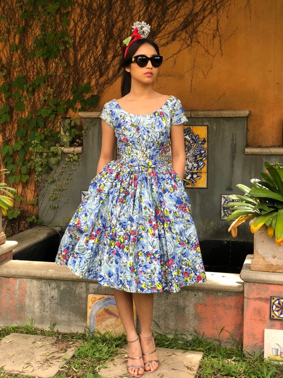 1950s floral cotton fit and flare frock - image 5