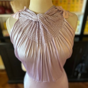 1930s ruched lilac satin gown