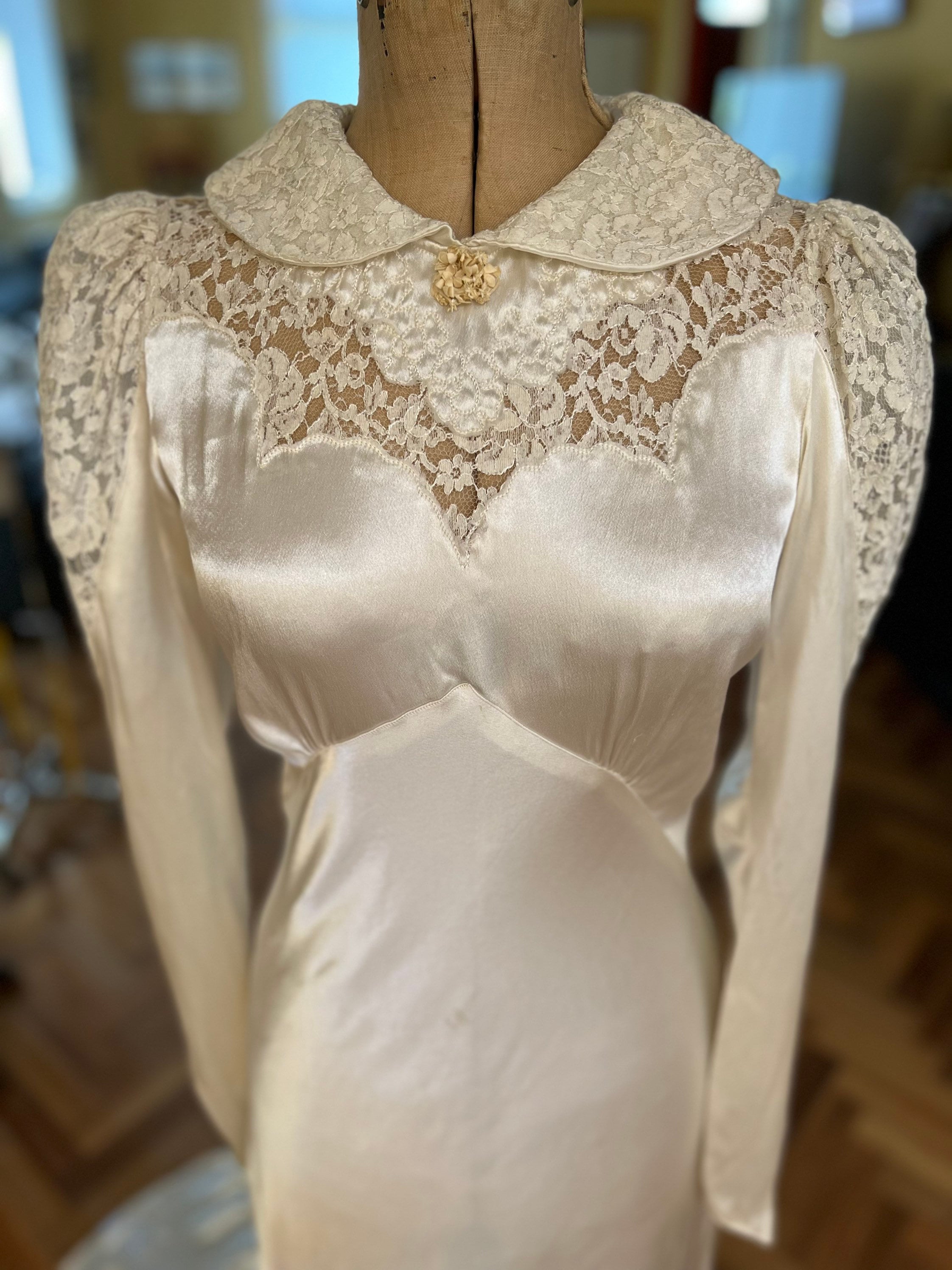 1930s liquid satin and lace bride dress