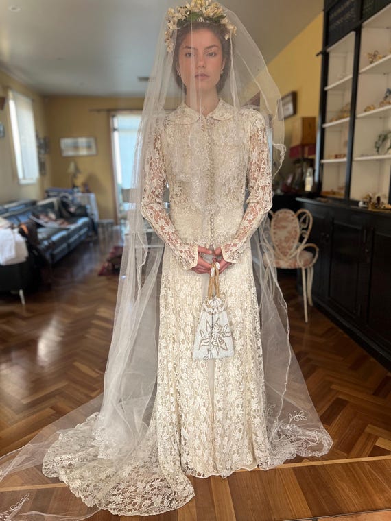1930s two-in-one bridal gown lace coat with satin slip party gown underneath 1930s two-in-one bridal gown lace coat with satin slip party gown underneath