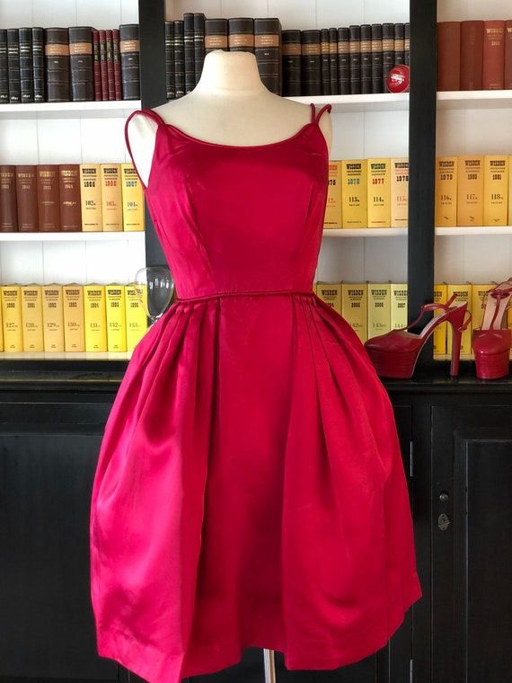 1950s red duchess satin fit and flair cocktail dr… - image 1