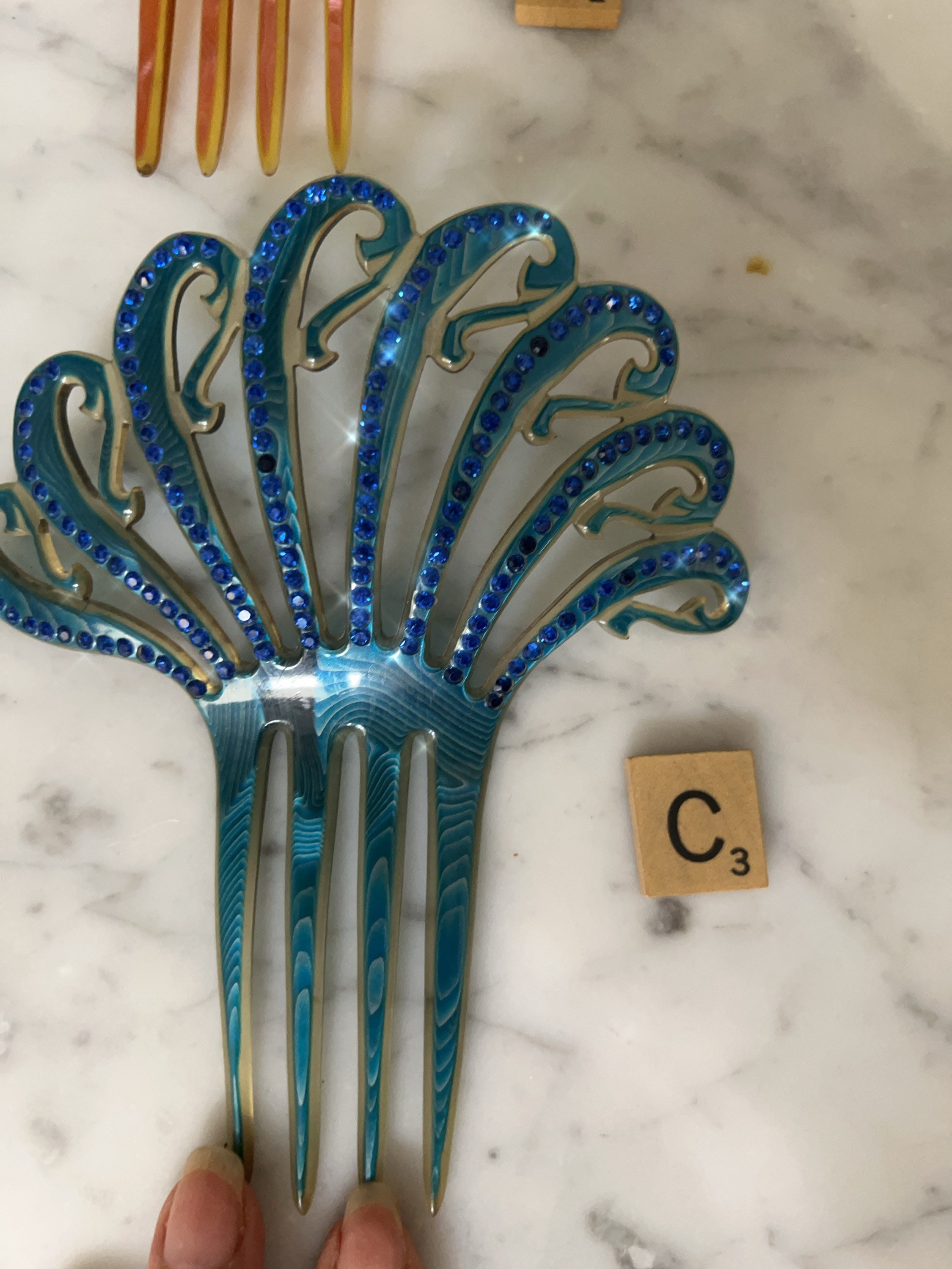 Art Deco Celluloid and Rhinestone Decorative Hair Combs - Etsy display picture 3
