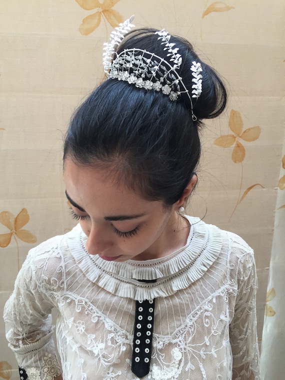 Antique German silver myrtle wedding tiara. 1930s vintage bridal crown.