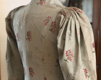 1800s full length moire taffeta coat with pleated sleeves. labelled Elliston & Cavell