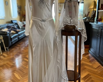 1920/30s liquid silk satin wedding dress with beaded and rhinestone bodice