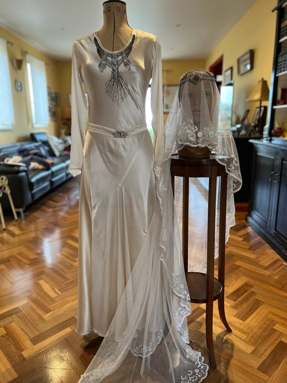 1920/30s Liquid Silk Satin Wedding Dress With Beaded and Rhinestone Bodice  