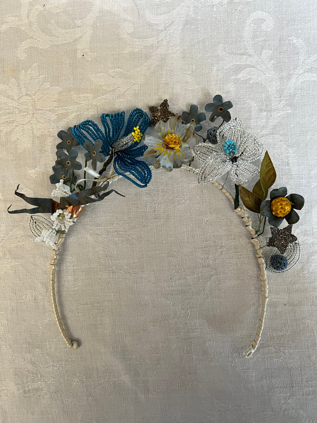 Antique Beaded Flowers and Painted Copper Tiara Etsy