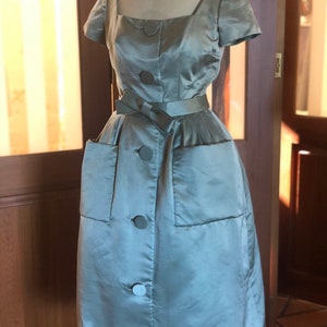 1950s duchess silk satin cocktail dress by Hollywood designer Shannon Rodgers.
