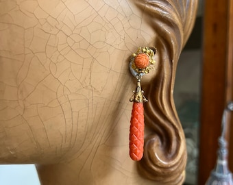 Antique carved coral convertible drop earrings on 9ct yellow gold.