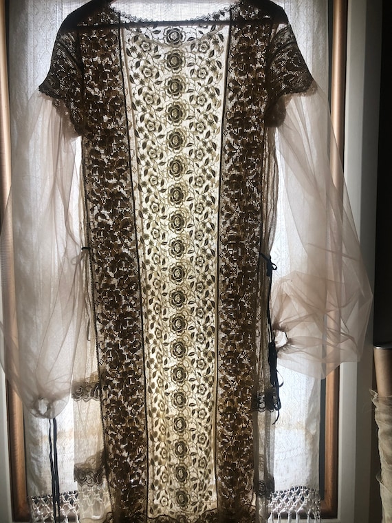 1920s mixed embroidered lace dress with tulle puff