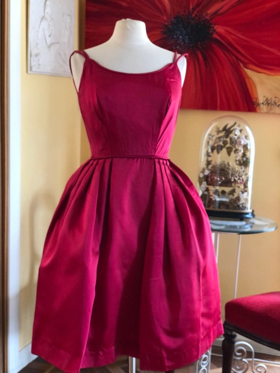 1950s red duchess satin fit and flair cocktail dr… - image 6