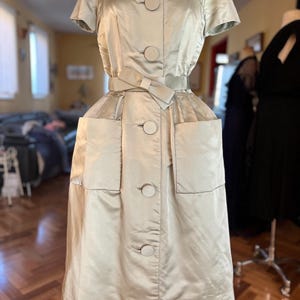 1950s duchess silk satin cocktail dress by Hollywood designer Shannon Rodgers.