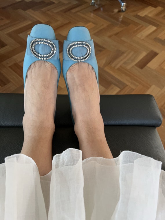 Rare 1960s Christian Dior Blue Silk Pumps With Rhinestone Buckles