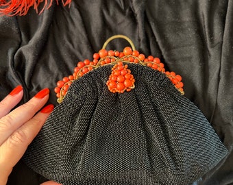 1930s French coral and black beaded evening purse