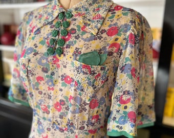 1930s floral silk chiffon dress with ruching and carved buttons