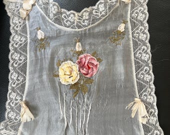 エプロン・三角巾 Handmade French Valenciennes Lace Apron Antique WWI Era French Silk Apron, Valenciennes Lace Trim, Mothers