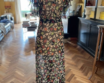 1930s floral silk chiffon ruffled gown with plunging back