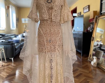 1930s three piece lace bridal gown and veil
