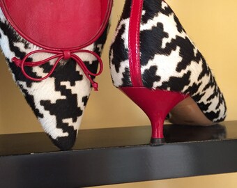 Price reduced - Novelty 1994  designer cowhide & red patent kitten heels