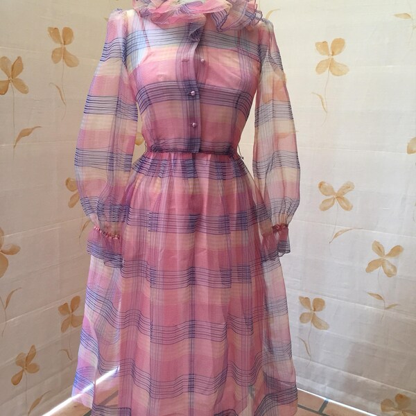 1960s vintage silk organza frock with balloon sleeves and ruffle collar