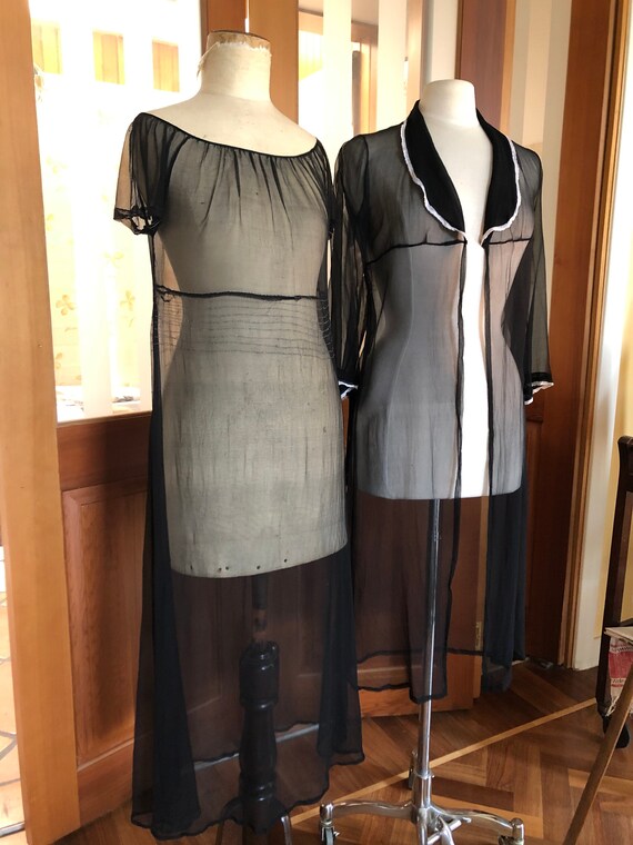 Super fine black silk chiffon 1930s peignoir set