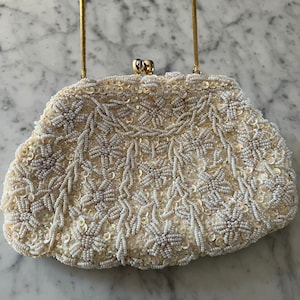 White heavily bead and sequins wedding bag with matching wallet