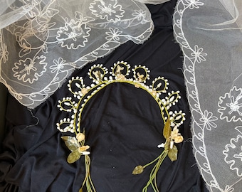 1920s wax halo tiara with long embroidered veil