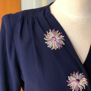 1940s rayon crepe cocktail dress with embroidered flowers