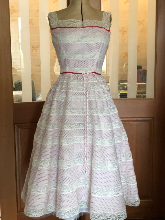1950s Flocked Swiss Cotton and Lace Frock