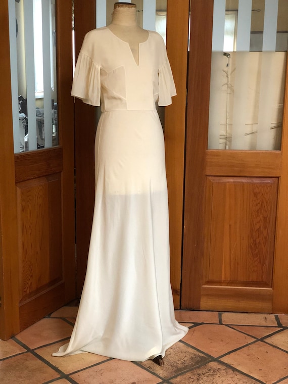 1930s silk crepe bride dress with pleated sleeves.