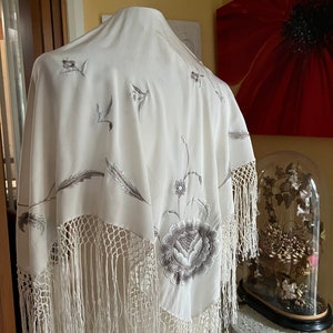 Machine embroidered silk shawl